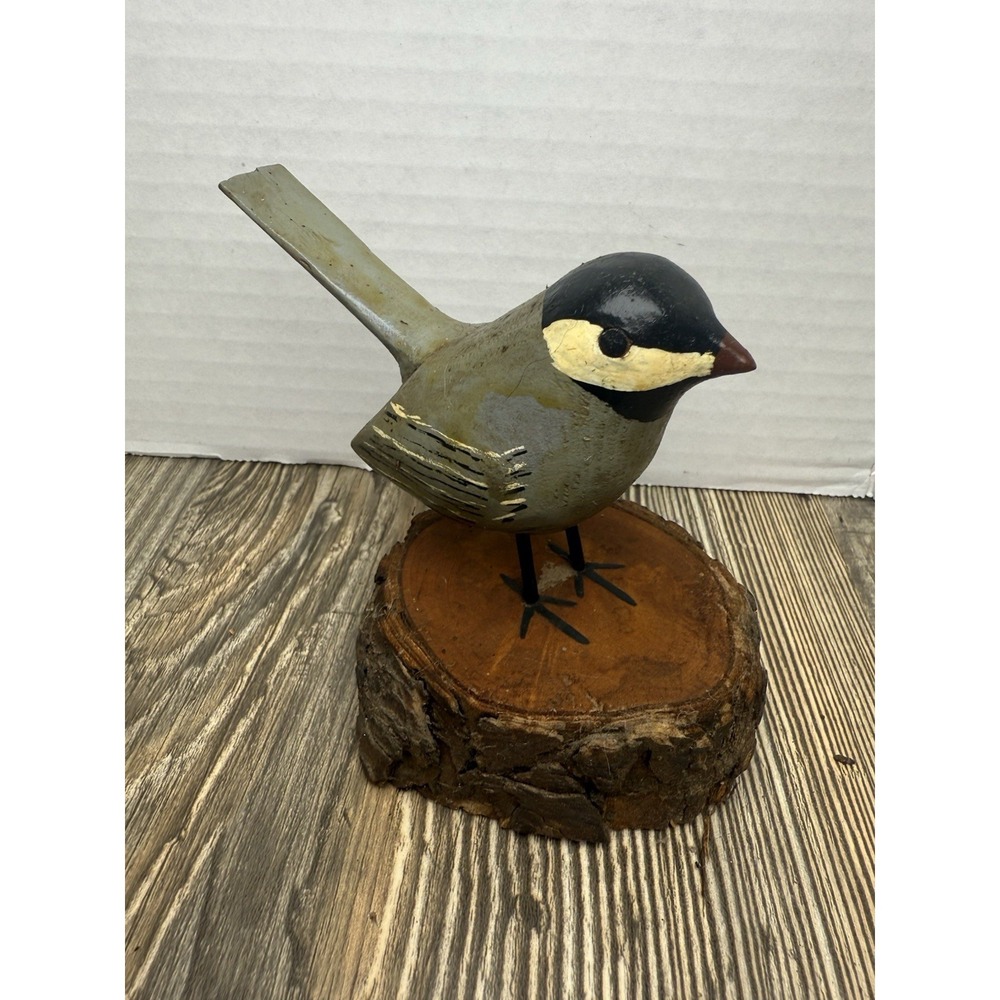 Hand Carved Wooden Chickadee Bird On A Log